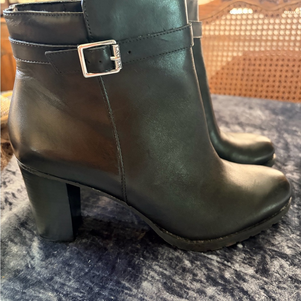Ralph Lauren Black Leather Ankle Boots with Silver Buckle